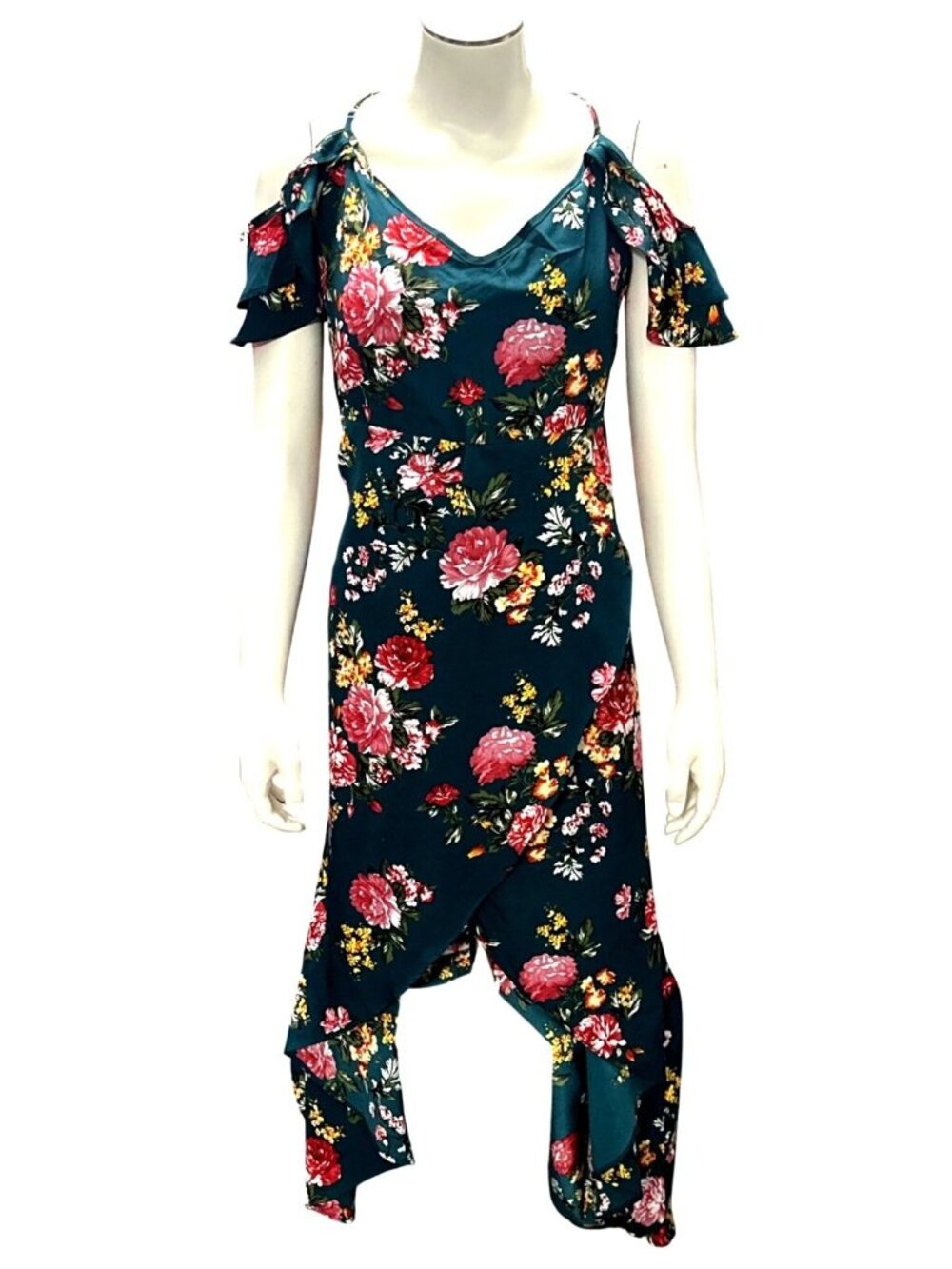 Floral Teal Cold Shoulder Maxi Dress 1XL Asymmetrical Hem Ruffle Summer Style